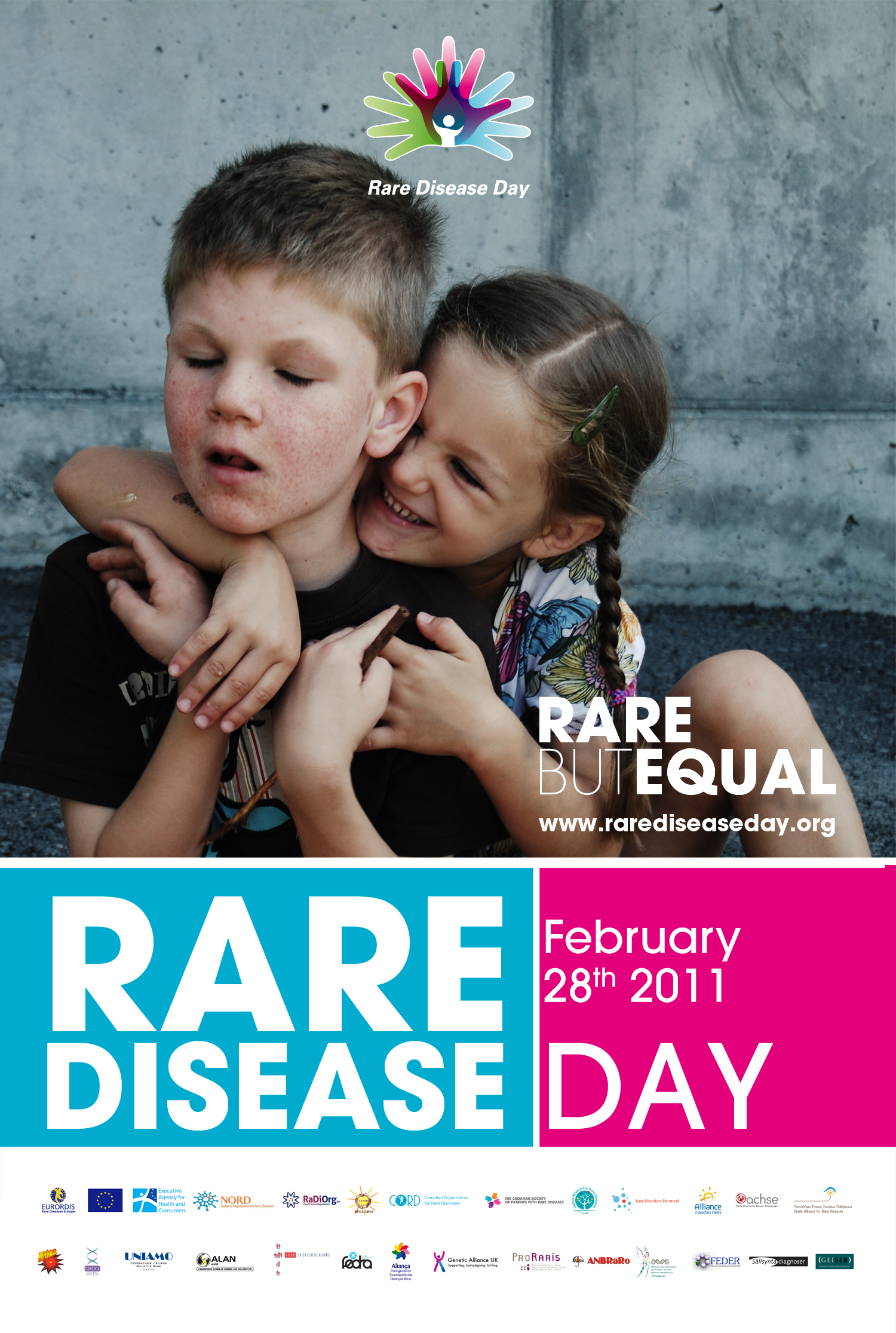 Rare Disease Day 2011 poster. The image shows two children hugging. The text reads, 'Rare but equal'