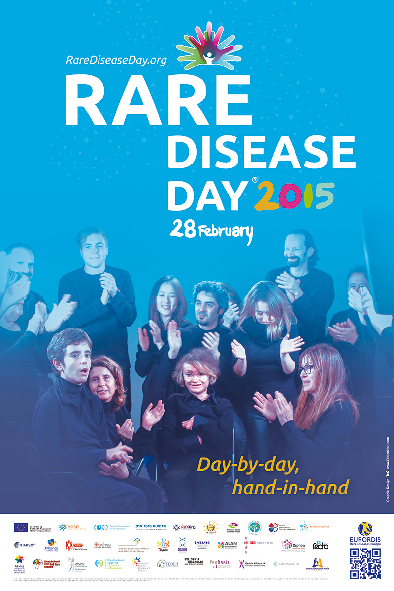 Rare Disease Day 2015 poster. The text reads, 'Day by day, hand in hand' with people dressing in black clapping.