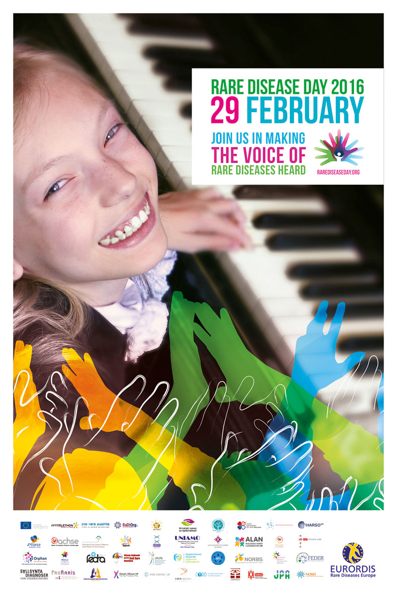 Rare Disease Day 2016 poster. The image shows a girl playing the piano. The text reads, 'join us in making the voice of rare disease heard'