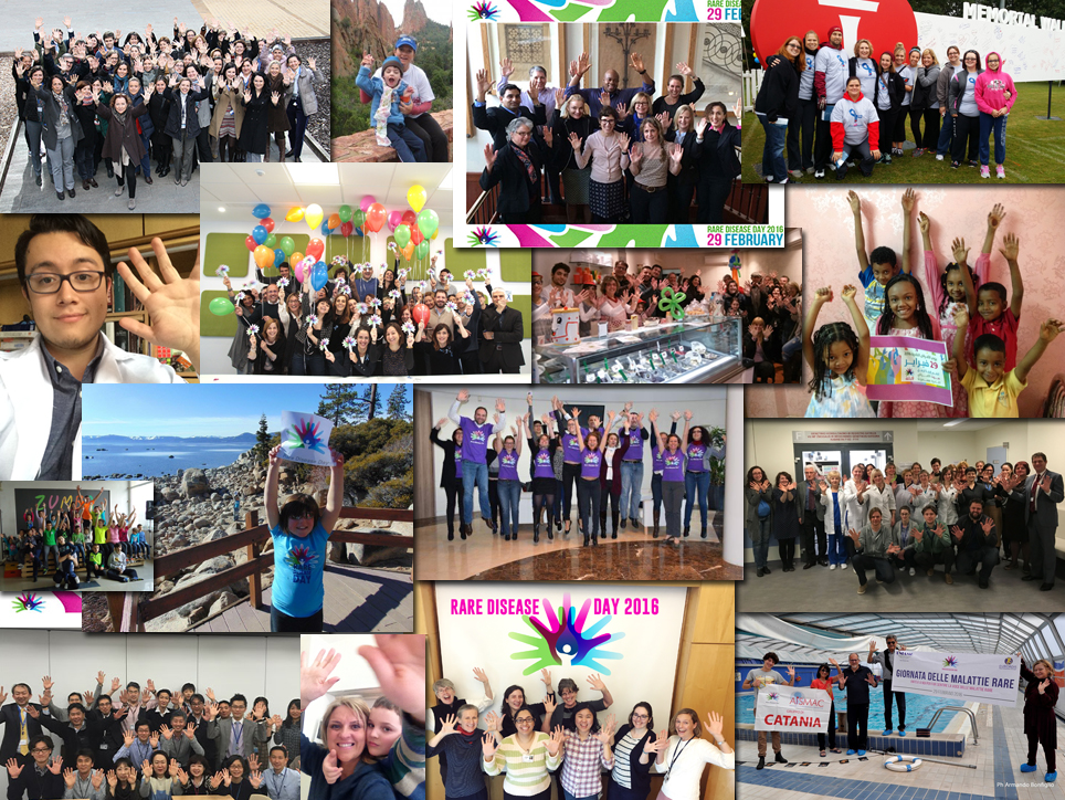 A collage of people raising their palms or holding banners to mark rare disease day 2016.