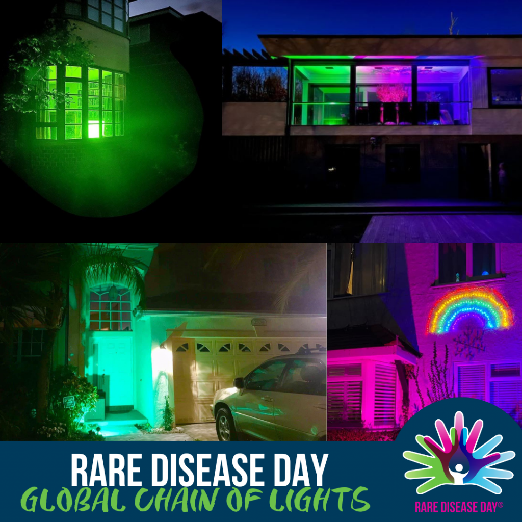An image of a collage of different houses lit up in the rare disease day colours. The text reads, 'Rare Disease Day Global chain of lights'. 