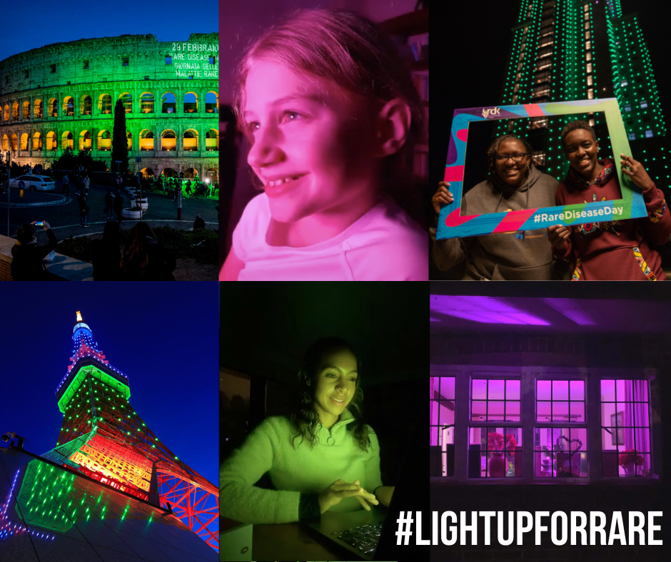 A collage of buildings and people lit up for rare disease day. Images include the Kenya tower and colosseum.