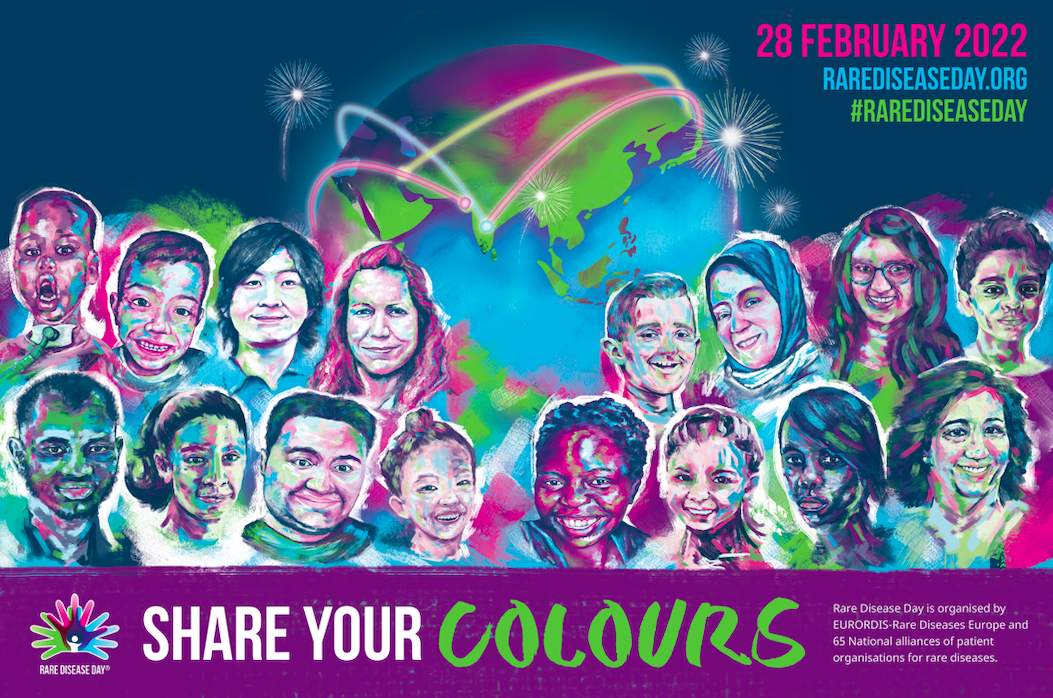 The Rare Disease Day 2022 poster. It features a number of different heroes portraits in the rare disease day colours. The text reads, 'Share your colours'.