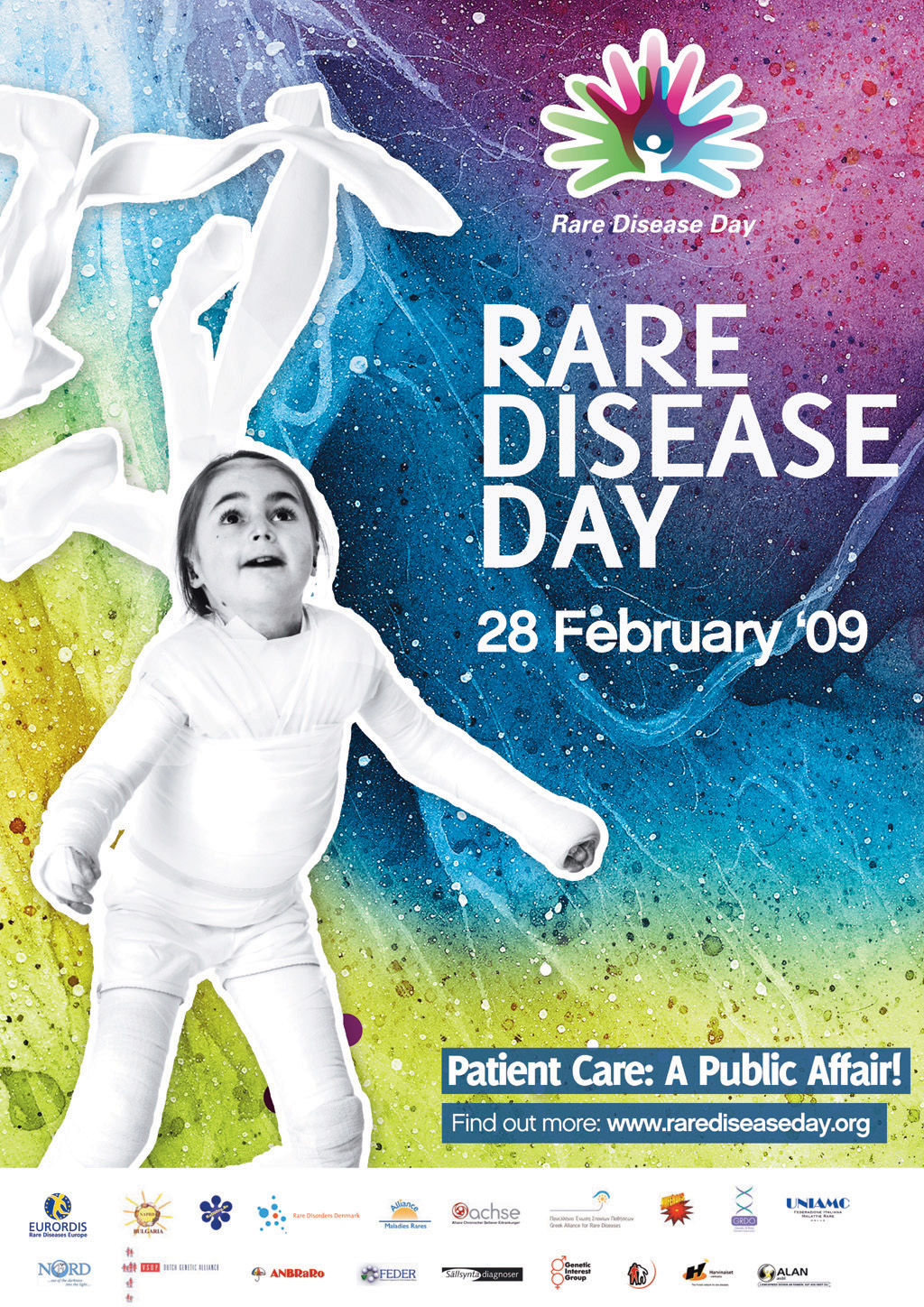 Rare Disease Day 2009 poster. The text reads, 'Patient Care: A public Affair'