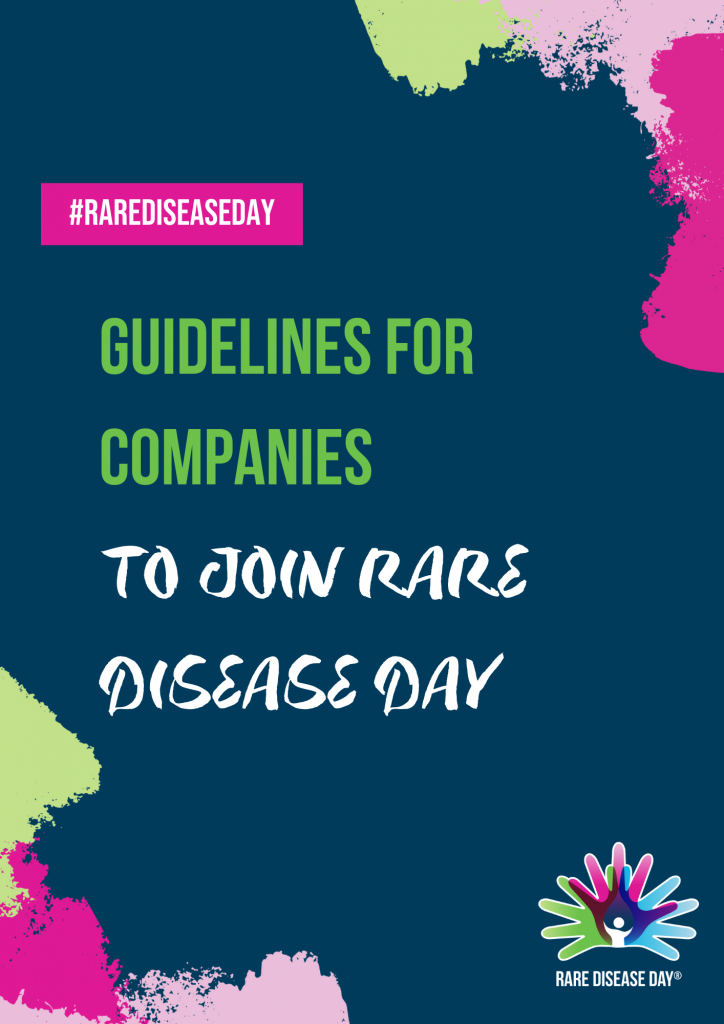 Guidelines for companies to join Rare Disease Day's cover picture. It features a dark blue background, colourful paint strokes as well as the Rare Disease Day logo and #RareDiseaseDay.