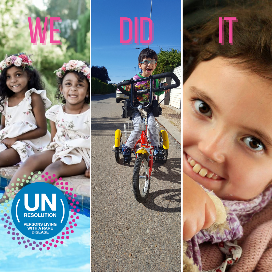 The image reads 'We Did It' and shows three images of children living with rare diseases as celebration for the UN resolution on persons living with a rare diseases being adopted.