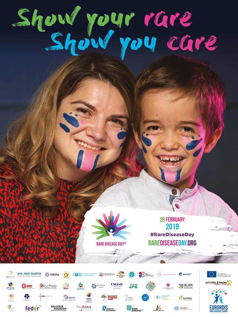 Rare Disease Day 2019 poster. The text reads, Show your rare, show you care'