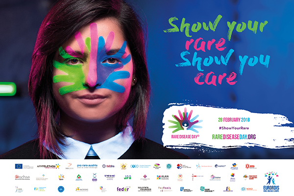 Rare Disease Day 2018 poster which features Yara and reads, 'Show your rare, show you care'.