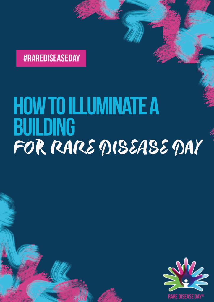 Thumbnail with dark blue background, paint strokes, the Rare Disease Day logo and #RareDiseaseDay. The text reads: "How to illuminate a building for Rare Disease Day."