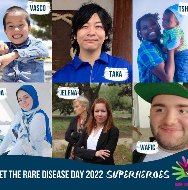 The image shows the rare disease day 2022 superheroes including Jelena, taka, Wafic and Vasco