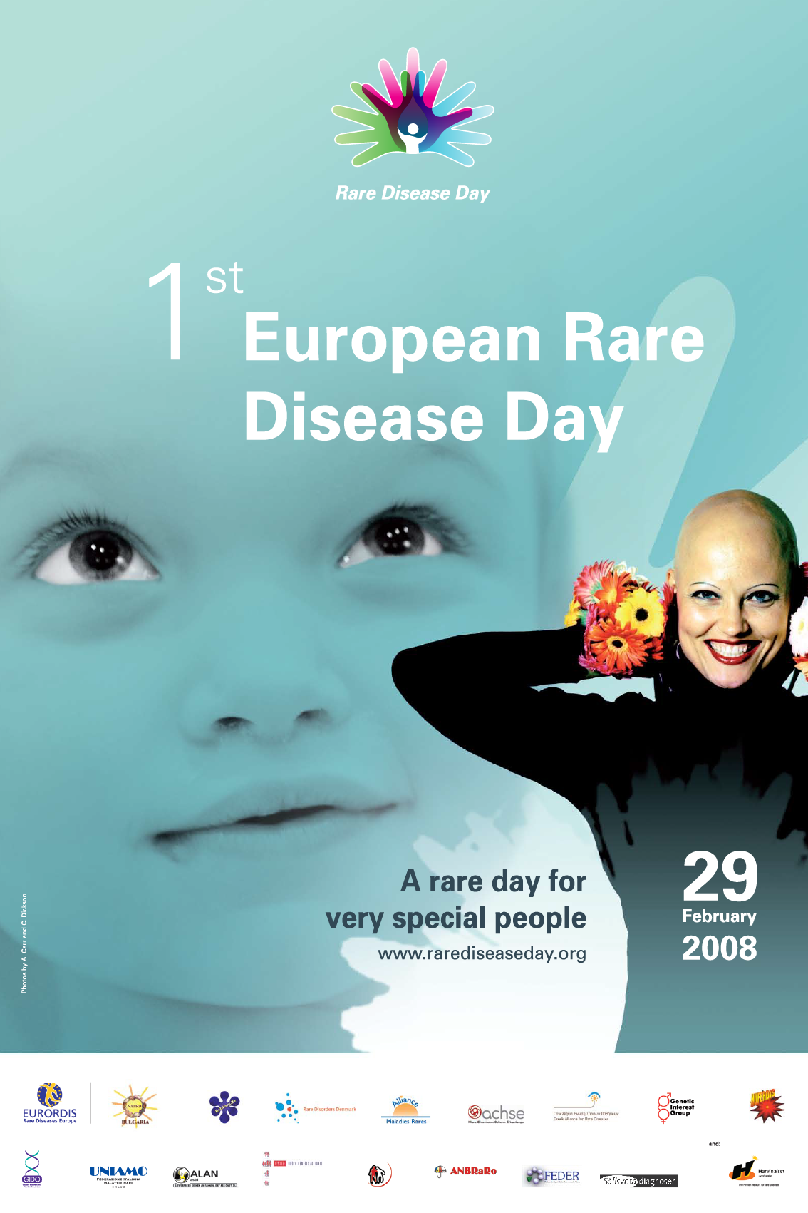 Rare Disease Day 2008 poster. The text reads, 'First European Rare Disease Day, A rare day for very special people'