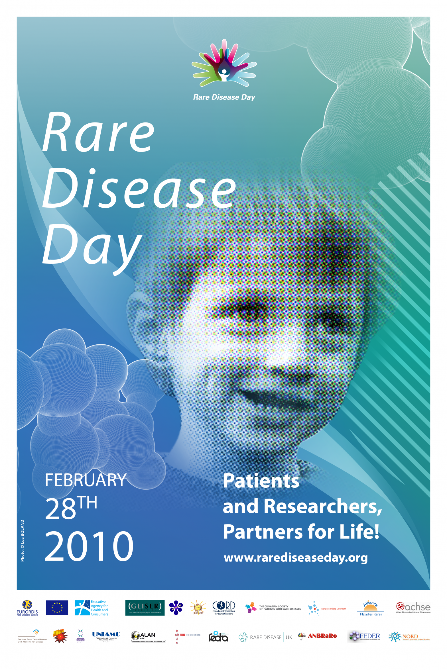 Rare Disease Day 2010 poster. The text reads, 'Patients and researchers, Partners for life!'