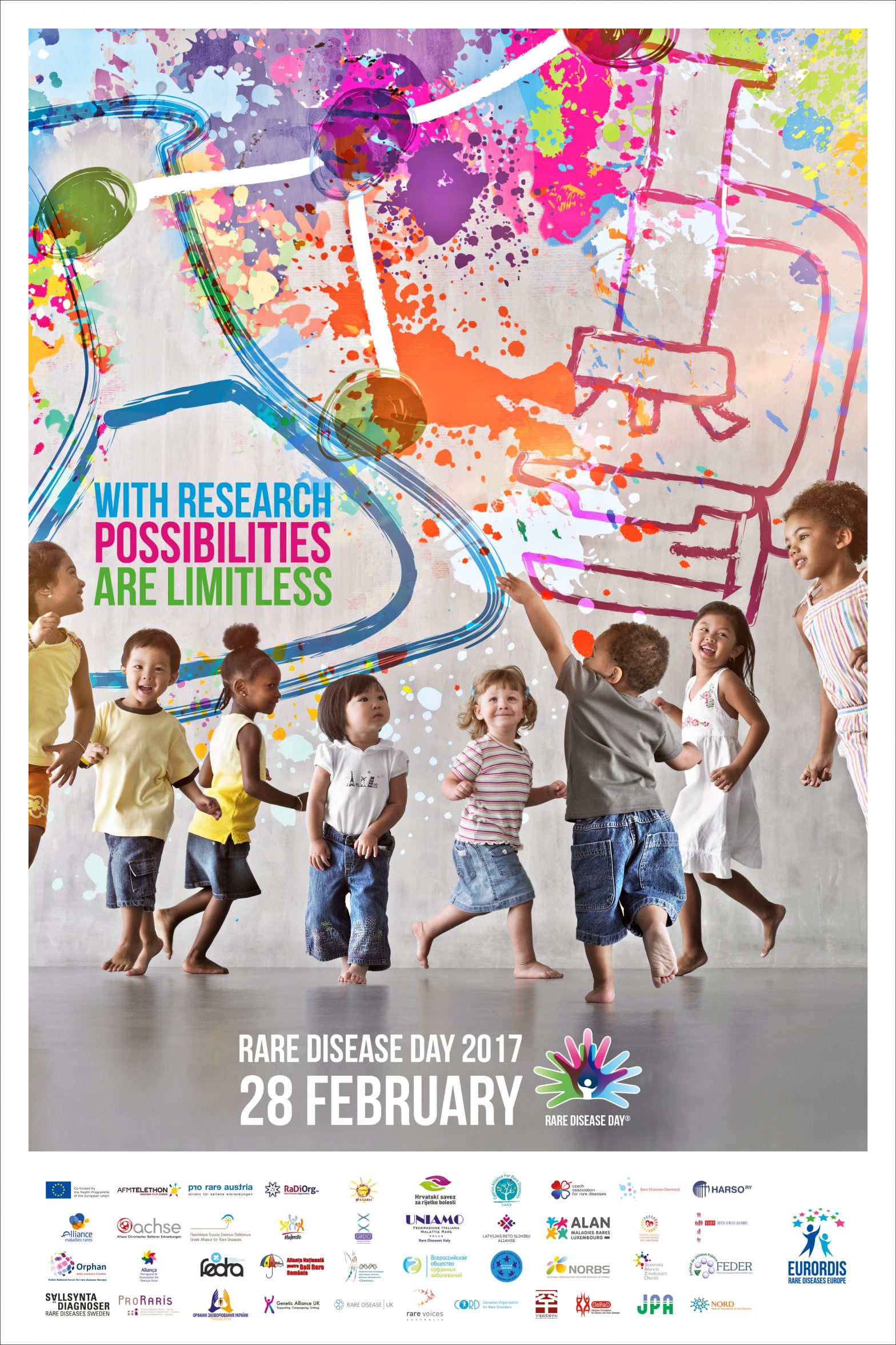 Rare Disease Day 2017 poster. The image shows many children playing and the text reads, 'with research, possibilities are limitless'